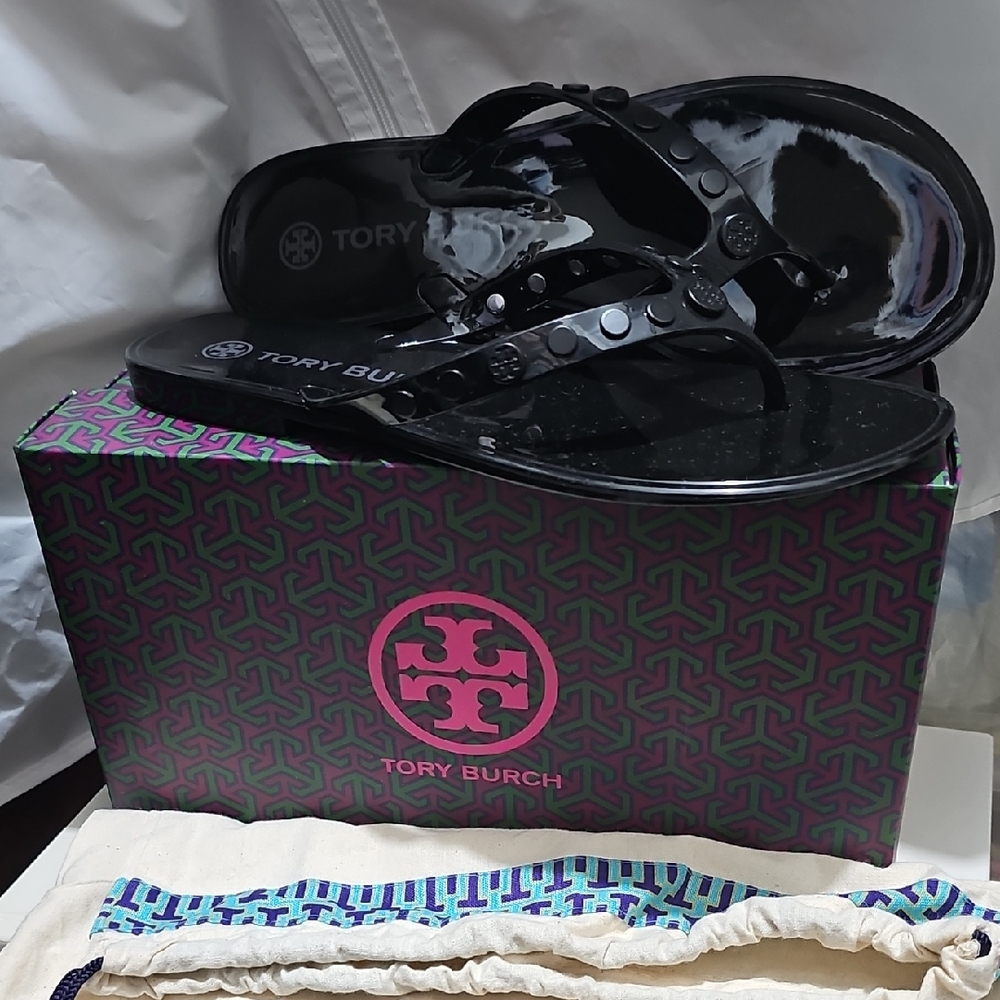 Tory Burch Black Patent Flip Flops